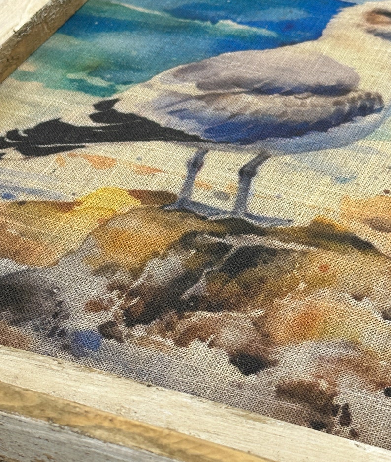 Op de afbeelding: Een ingelijst aquarel schilderij van een meeuw die op een rots staat met een blauwe en groene oceaan achtergrond.