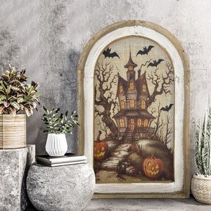 Haunted House Wall Art | Halloween Decor | Farmhouse Wall Art | Gothic Wall Decor | Eclectic Pumpkin Framed Art | 14" x 22"