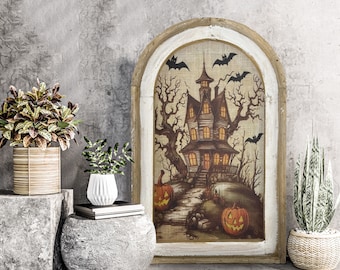 Haunted House Wall Art | Halloween Decor | Farmhouse Wall Art | Gothic Wall Decor | Eclectic Pumpkin Framed Art | 14" x 22"