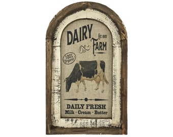 Cow Wall Art | 14" x 22" | Arch Window Frame | Linen Wall Hanging | Rustic Farmhouse Decor |