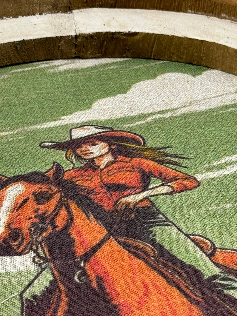 May include: A woman in a red shirt and cowboy hat rides a brown horse against a green and white background.