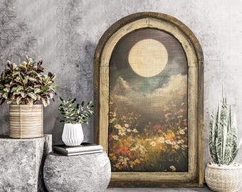 Moody Florals Art in Arched Wood Frame | Farmhouse Botanical Wall Decor | Wildflower Field Art | Eclectic Moon Wall Art