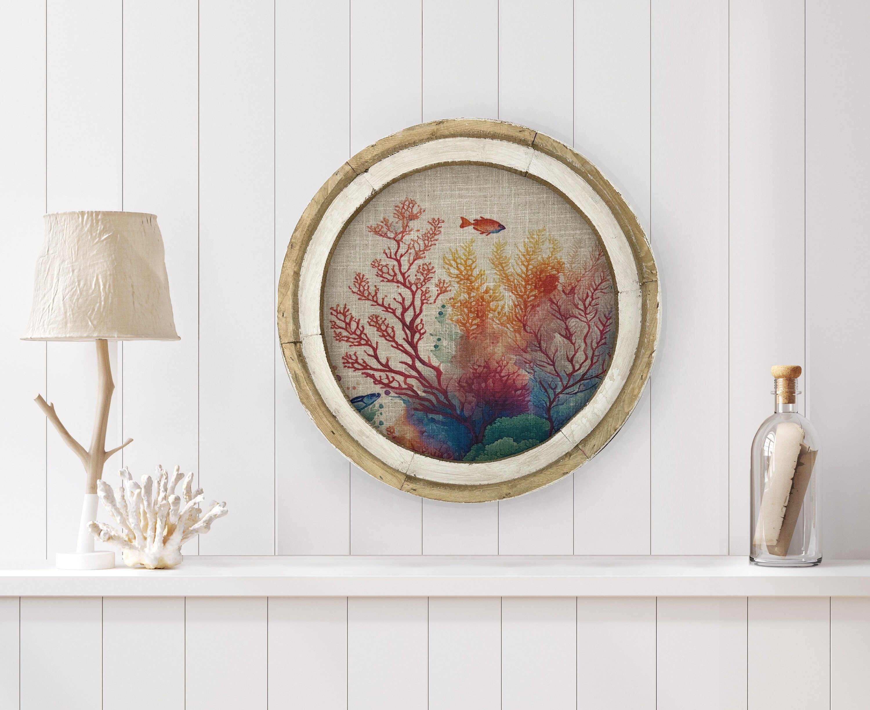 Coral Wall Decor 20 x 20 Coastal Wall Decor Linen & Wood Round