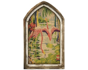 Flamingos Wall Art | 18" x 30" | Arch Window Frame | Burlap Wall Hanging | Coastal Decor |