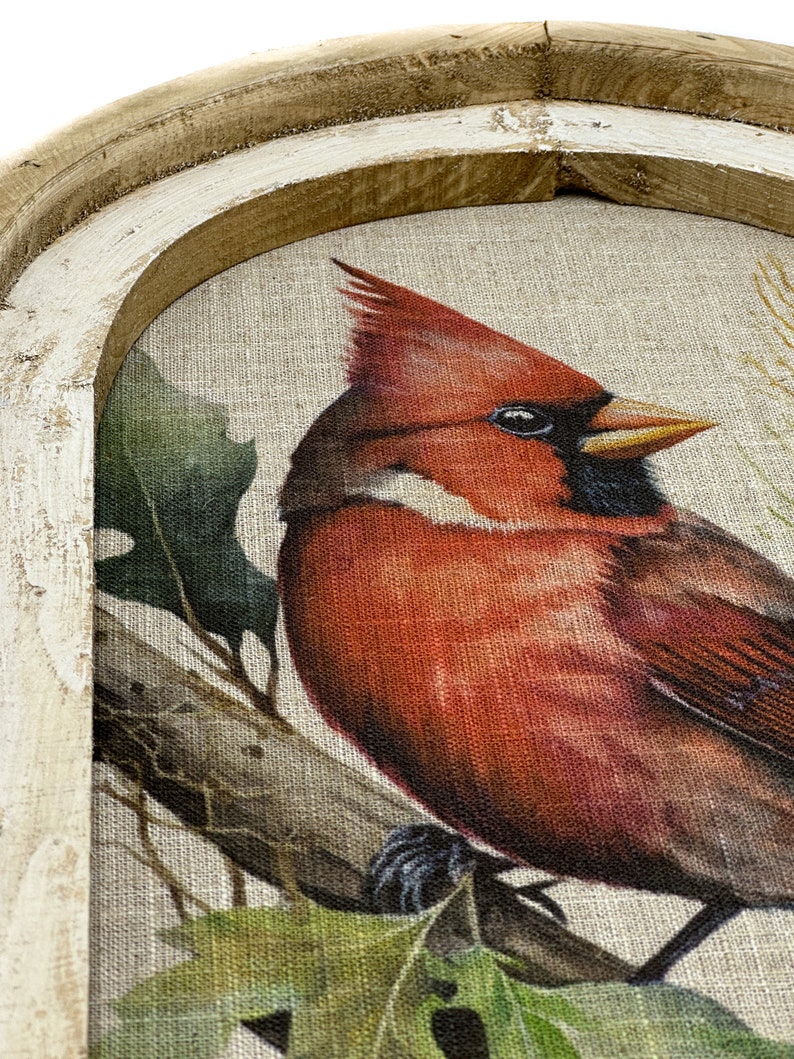 May include: A framed canvas print of a red cardinal perched on a branch with green leaves. The frame is a rustic wood with a whitewash finish.