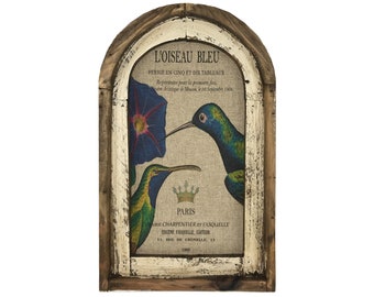 Hummingbird Wall Art | 14" x 22" | Arch Window Frame | Linen Wall Hanging | French Farmhouse Decor |