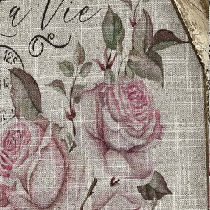 Pu&ograve; includere: Un primo piano di un tessuto di juta con un motivo floreale. Il tessuto presenta rose rosa e foglie verdi. Il testo "La Vie" &egrave; scritto in corsivo sul tessuto.