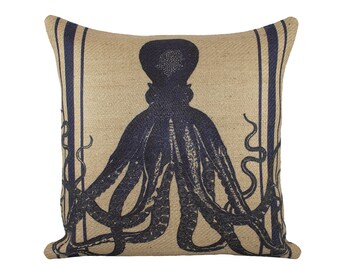 Navy Octopus Pillow, Nautical Burlap Cushion, Beige, Navy, Coastal Decor, Beach House