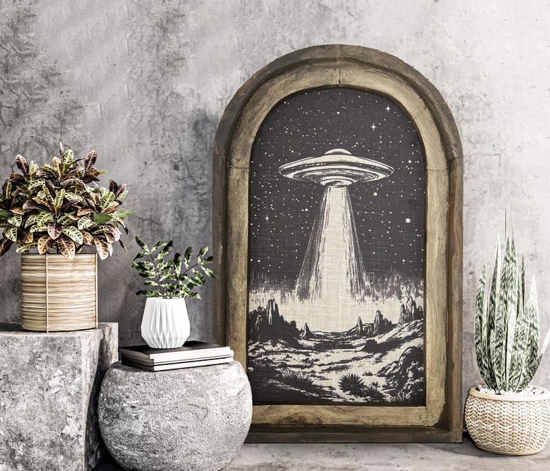 May include: A framed wall art print with a black and white illustration of a UFO flying over a desert landscape. The frame is made of wood and has a distressed finish.