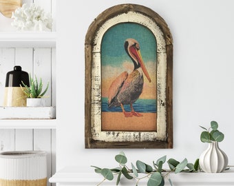 Pelican Wall Art | 14" x 22" | Arch Window Frame | Linen Wall Hanging | Coastal Decor |