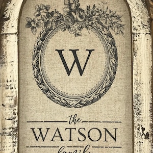 May include: A framed canvas sign with a floral wreath and the letter "W" in the center. The text "the WATSON family est. 2020" is below the wreath.