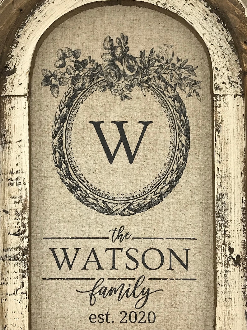 May include: A framed canvas sign with a floral wreath and the letter "W" in the center. The text "the WATSON family est. 2020" is below the wreath.