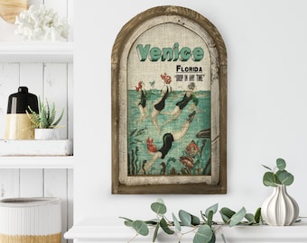 Venice, Florida Wall Art | Florida Postcard | Coastal Wall Decor | Mermaid Wall Art | Beach House | Wood & Linen Wall Art |