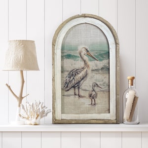 Pelican Wall Art | Coastal Wall Decor | Bathroom Wall Decor | Linen & Wood Wall Hanging | Watercolor Framed Artwork | Florida Decor