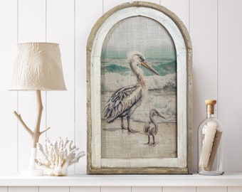 Pelican Wall Art | Coastal Wall Decor | Bathroom Wall Decor | Linen & Wood Wall Hanging | Watercolor Framed Artwork | Florida Decor