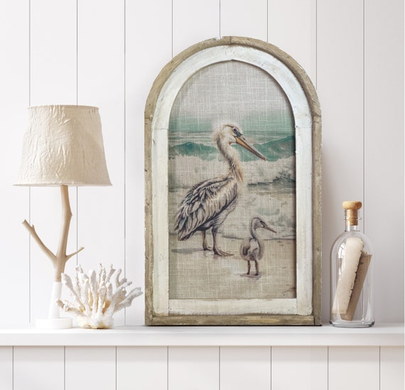 Pelican Wall Art | Coastal Wall Decor | Bathroom Wall Decor | Linen & Wood Wall Hanging | Watercolor Framed Artwork | Florida Decor