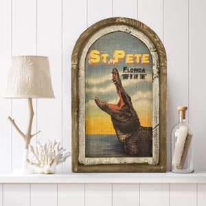 St. Pete, Florida Wall Art | Florida Postcard | Coastal Wall Decor | Alligator Wall Art | Gator | Wood & Linen Wall Art |