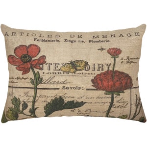 Floral Burlap Pillow, French Script, Country Farmhouse, 18x12