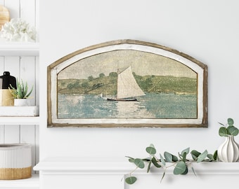 Sailboat Wall Art | 36" x 20" | Coastal Arched Wall Decor | Nature Art | Living Room Decor