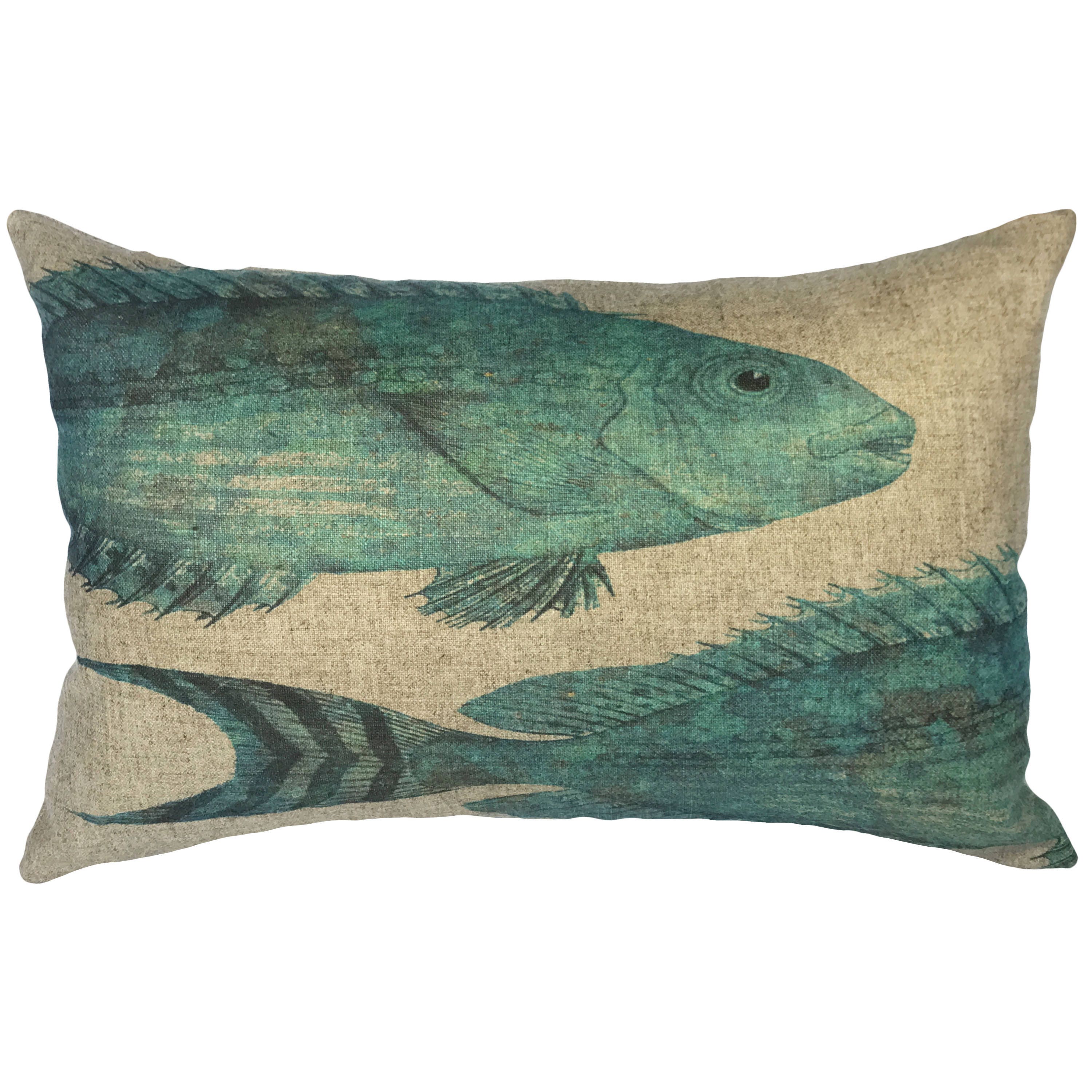 Blue Fish Throw Pillow Linen Lumbar Pillow Nautical Etsy