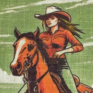 May include: A woman wearing a red shirt and a white cowboy hat rides a brown horse. The horse is facing the left side of the image. The background is a green and white textured fabric.