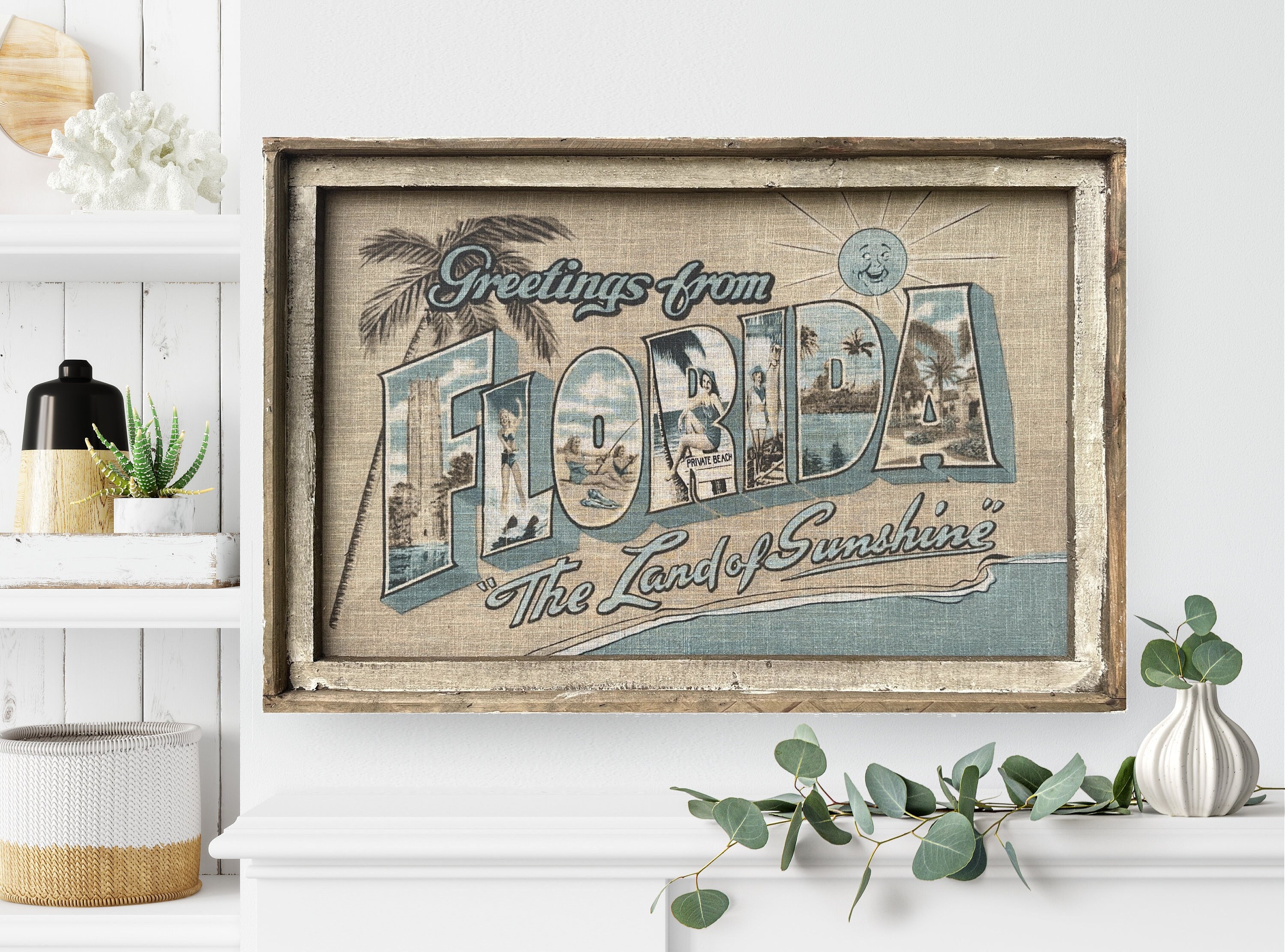 Framed Florida Wall Decor 24 x 36 FL Postcard Wall Art Coastal