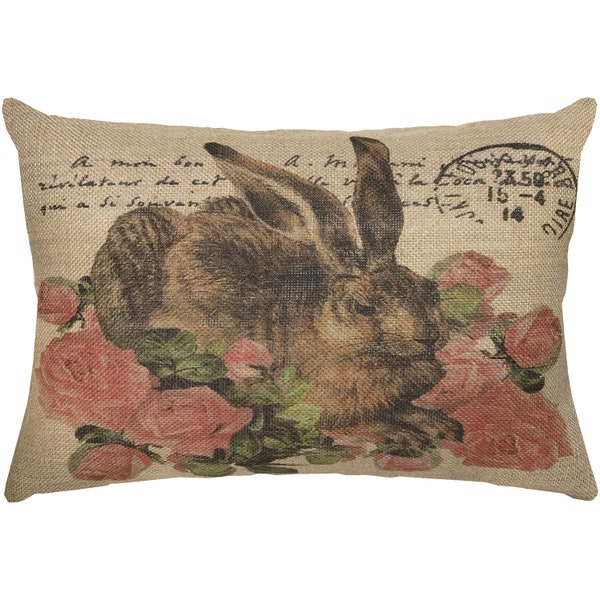 Bunny Burlap Pillow, Hare with Roses Lumbar Pillow, French Country, 18x12