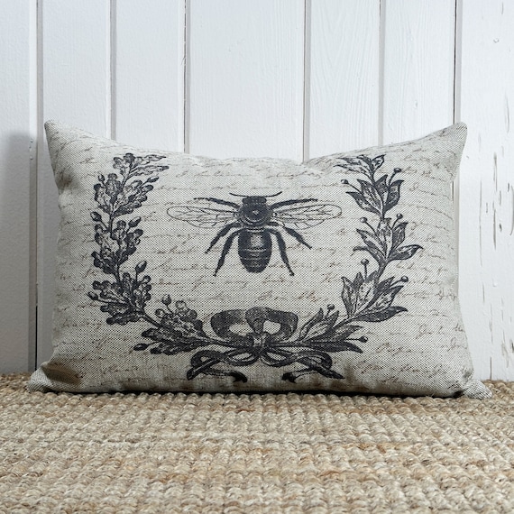 French Bee Throw Pillow | Modern Farmhouse Decor | Crest Lumbar Pillow | Grainsack Pillow | 18" W x 12" H |