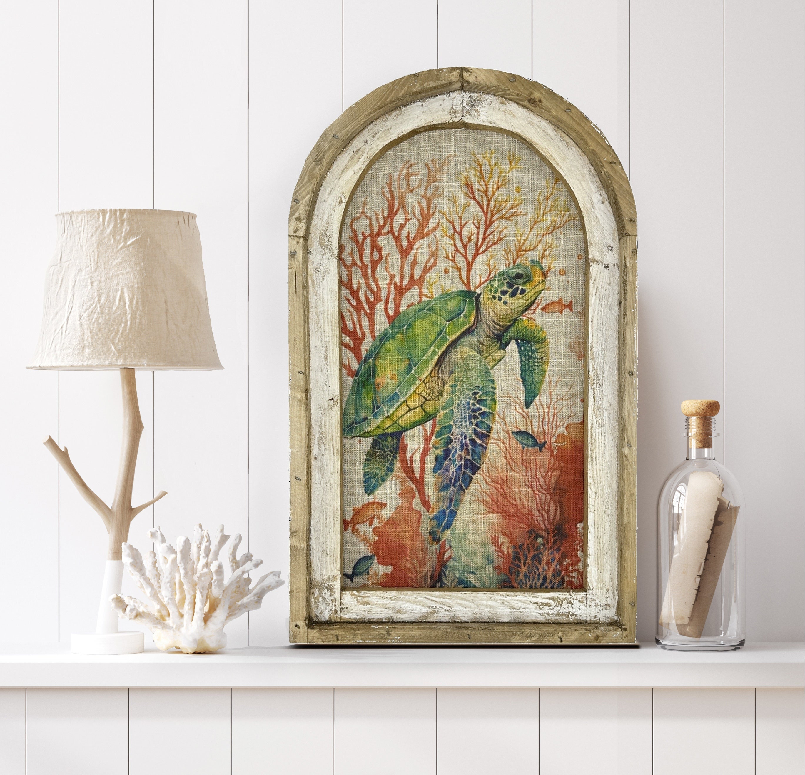 Watercolor Turtle Wall Art Coastal Wall Decor Linen & Distressed