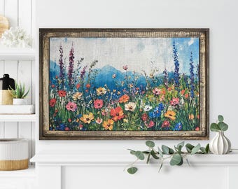 Summer Flowers Landscape Wall Art | 24" x 36" | Solid Wood Frame | Cottagecore Living Room Decor | Bright Floral Decor | Framed Floral Decor