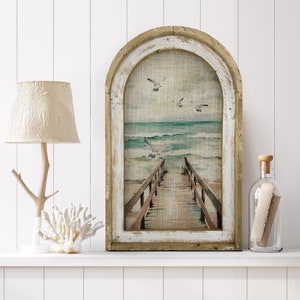 Coastal Dock Wall Decor | Coastal Wall Decor | Bathroom Wall Decor | Linen & Wood Wall Hanging | Watercolor Framed Artwork | Florida Decor