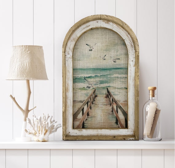 Coastal Dock Wall Decor | Coastal Wall Decor | Bathroom Wall Decor | Linen & Wood Wall Hanging | Watercolor Framed Artwork | Florida Decor