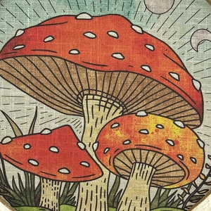 May include: A vintage-style illustration of three red and yellow mushrooms with white spots, set against a blue and green background with crescent moons and a sun.