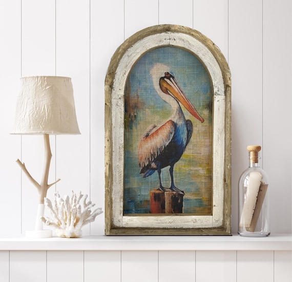 Pelican Wall Art | Coastal Wall Decor | Bathroom Wall Decor | Linen & Wood Wall Hanging | Watercolor Framed Artwork | Florida Decor