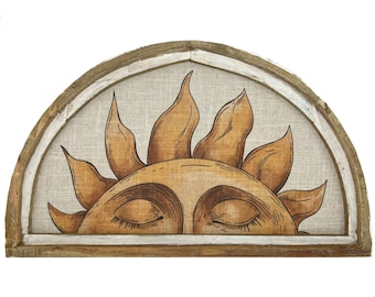 Sun Wall Art | 30&quot; x 18&quot; | Handmade Eclectic Decor | Linen & Wood Wall Hanging | Mid Century Decor | Tarot Psychic Decor