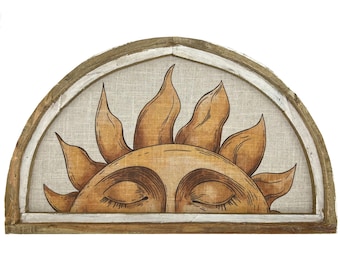 Sun Wall Art | 30" x 18" | Handmade Eclectic Decor | Linen & Wood Wall Hanging | Mid Century Decor | Tarot Psychic Decor