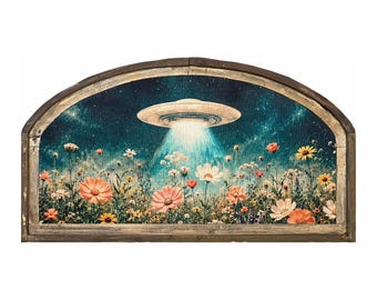 Eclectic UFO Wall Art | 36" x 20" | Cottagecore Floral Arched Wall Decor | Celestial Wall Art | Modern Farmhouse | Delicate Florals