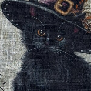 May include: A black cat wearing a witch's hat with a gold buckle and purple ribbon. The cat has orange eyes and long whiskers. The image is set against a textured, neutral background, evoking a Halloween theme.
