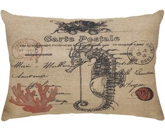 Seahorse Burlap Pillow, Coastal Lumbar Pillow, Nautical Seashells, 18x12