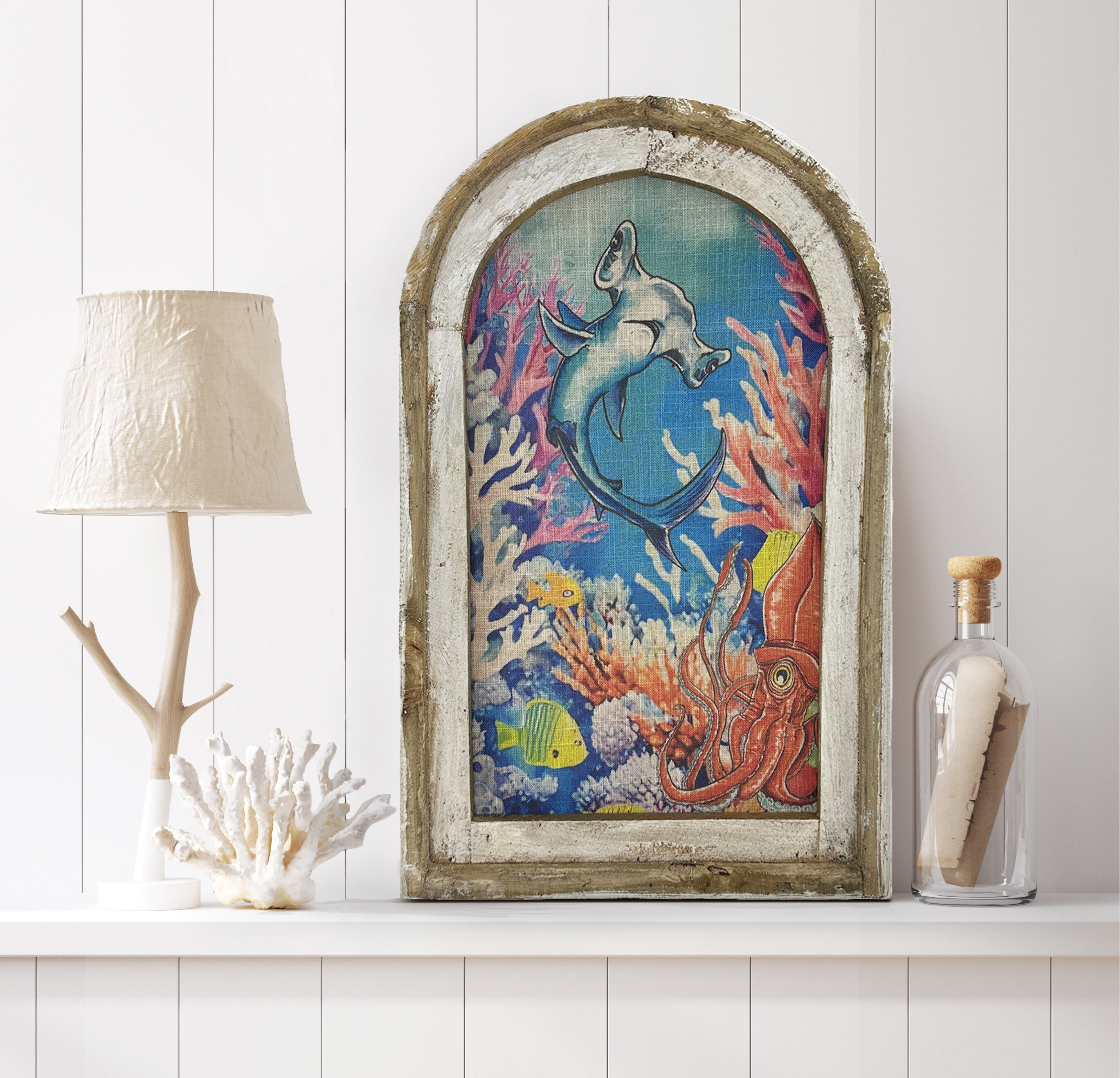 Hammerhead Shark Wall Art Coastal Wall Decor Linen & Distressed Wood Wall Hanging