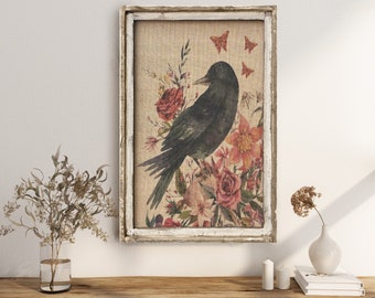 Raven Art | 24" x 36" | Floral Eclectic Decor | Crow Wall Art  | Eclectic Wall Art | Bohemian Decor