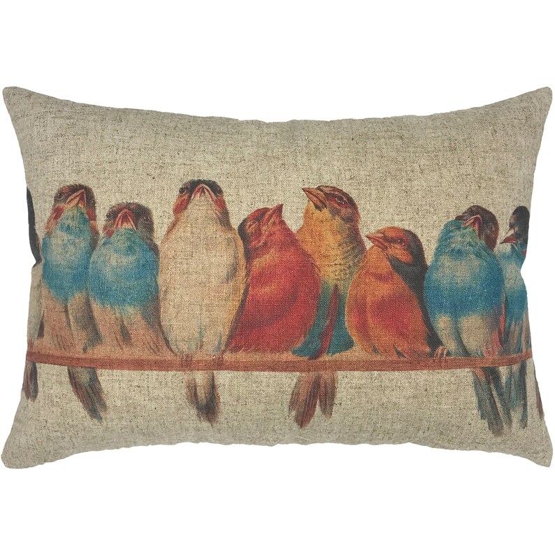 Birds Throw Pillow Colorful Linen Lumbar Pillow Cottage Etsy