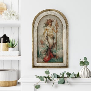 Merman Wall Art | 14&quot; x 22&quot; | French Poster Wall Art | Linen Wall Hanging | Coastal Bathroom Decor |