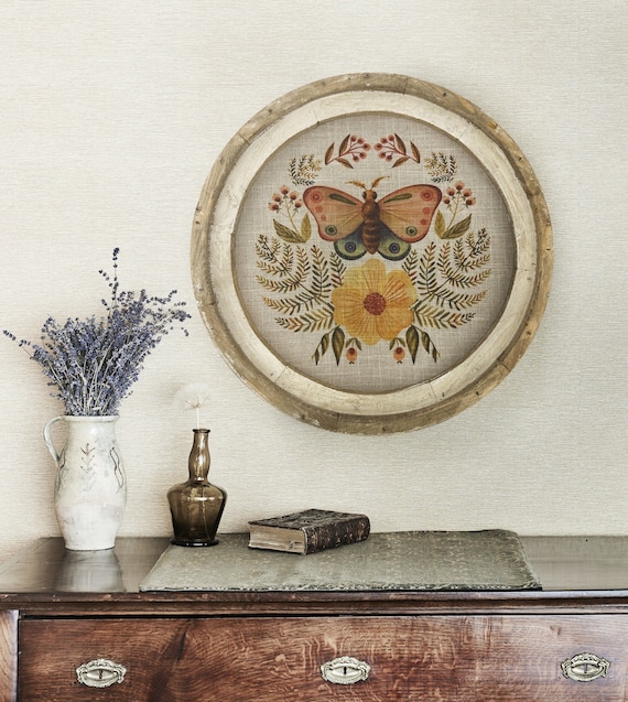 Butterfly Wall Art | 20" x 20" | Eclectic Wall Decor | Linen & Wood Handmade Art | Floral Decor | Flowers