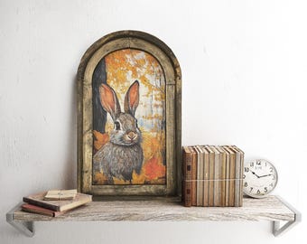 Autumn Wall Art | Fall Rabbit Decor | Arch Window Frame | Thanksgiving Wall Hanging | French Farmhouse Decor |