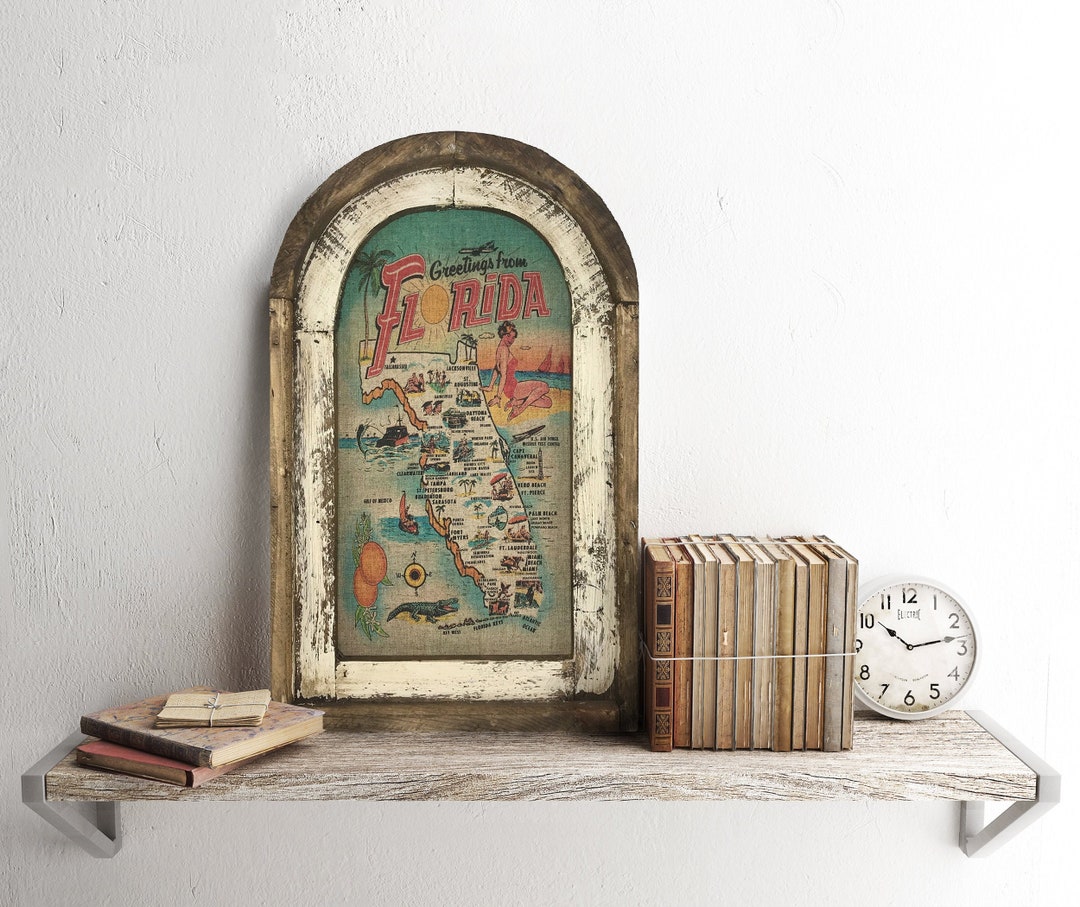 Florida Map Wall Art 14 X 22 Arch Window Frame Linen Wall Hanging