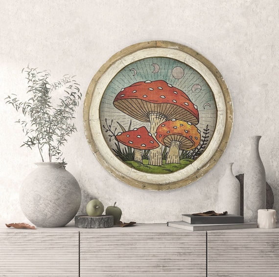 Mushroom Wall Art | 20" x 20" | Eclectic Wall Decor | Linen & Wood Circular Handmade Art | Tarot Decor |