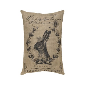 Rabbit Burlap Pillow, French Lumbar Pillow, Grainsack Throw Pillow, 18x12