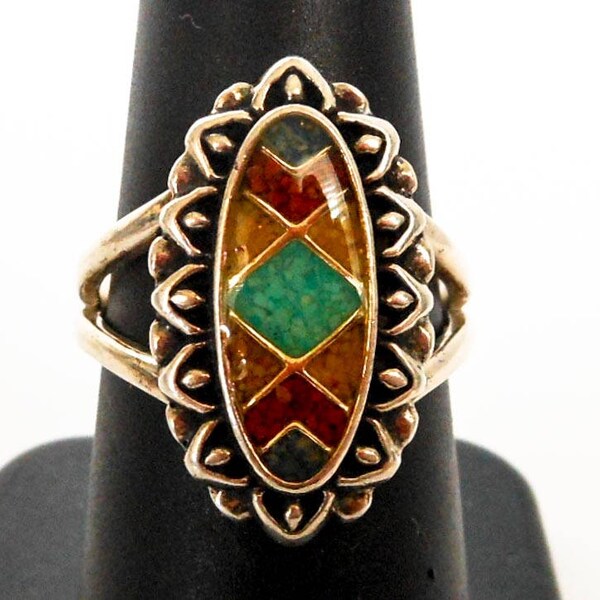Vintage Carolyn Pollack Relios Sterling Silver Inlay Ring , Size 8 ,   Southwest Style
