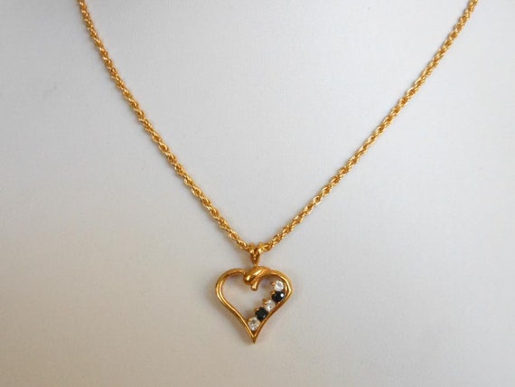 Vintage Gold Tone Blue Spinel & CZ Heart Pendant Necklace 17